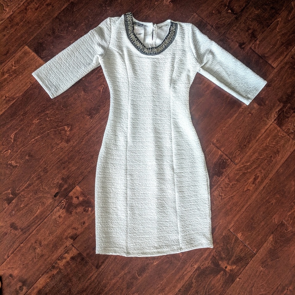NWT White Bodycon Dress With Beaded Neckline